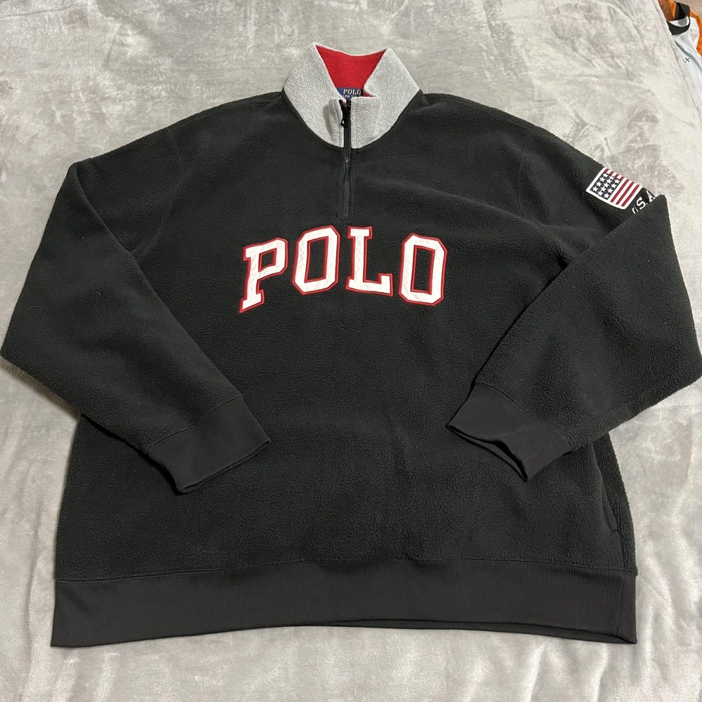 Polo Ralph Lauren Sweatshirt Mens 2XL Black Fleece Quarter Zip POLO USA Flag